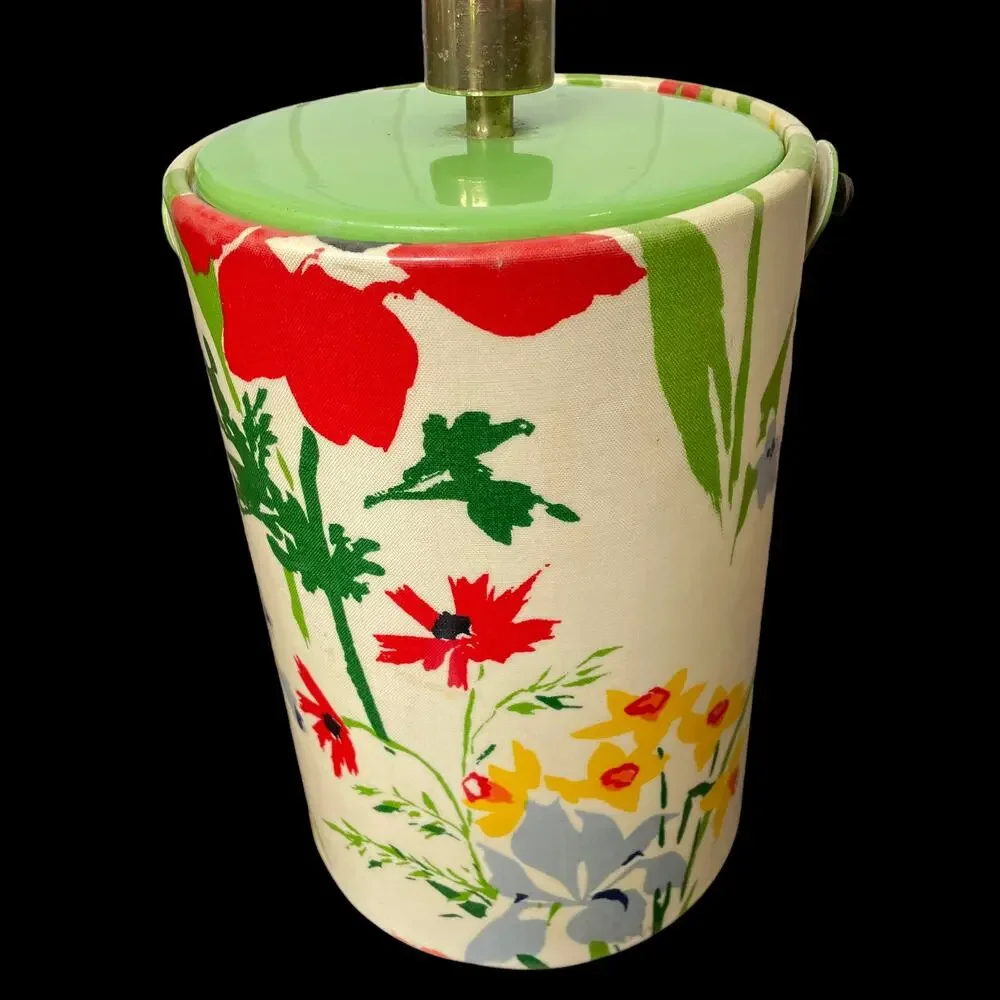 Large Floral Ice Bucket MCM Retro Vtg Iris Spring Flower Vinyl Insulated READ
